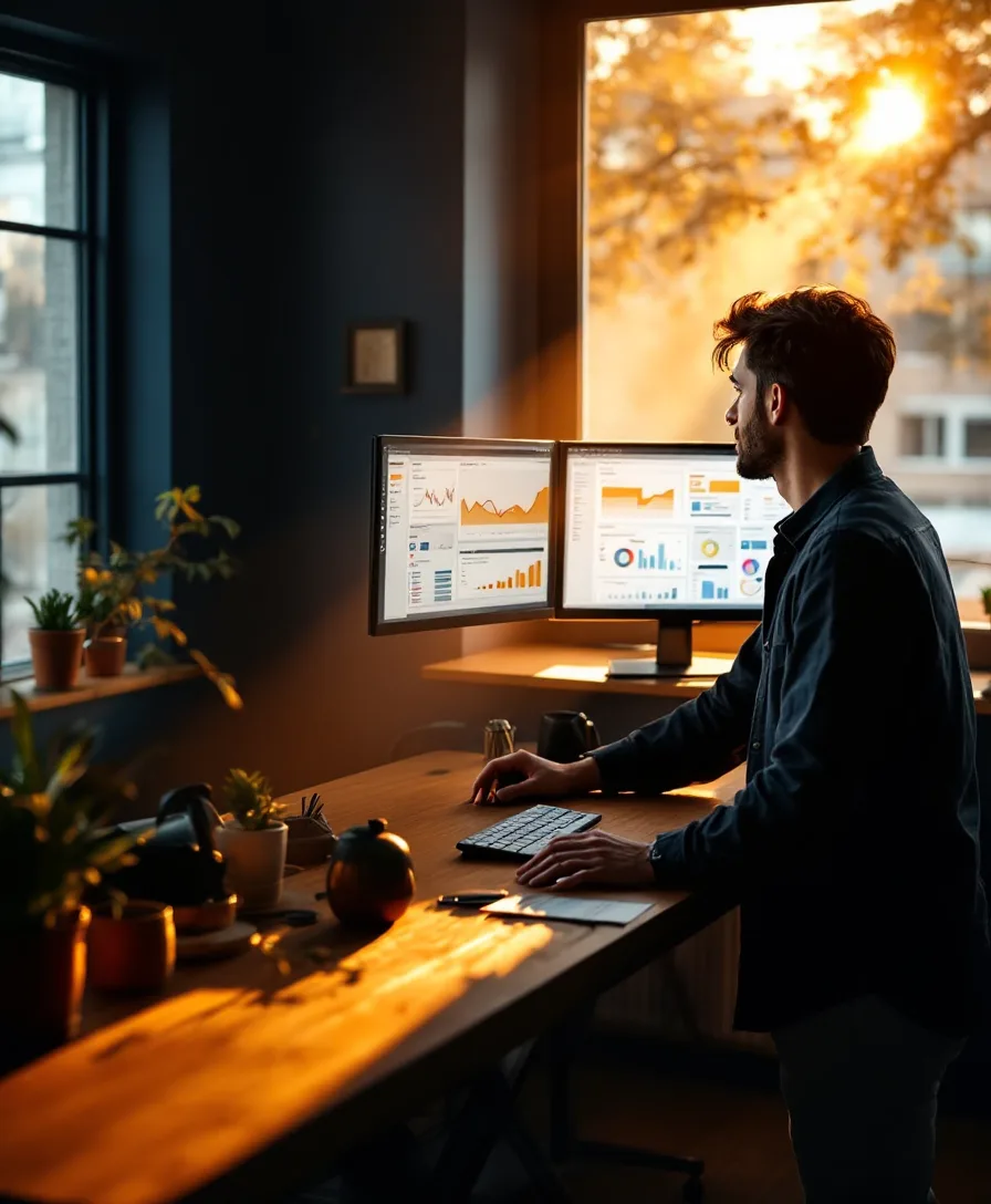 A media buyer reviewing campaign dashboards at a desk in warm late-morning window light