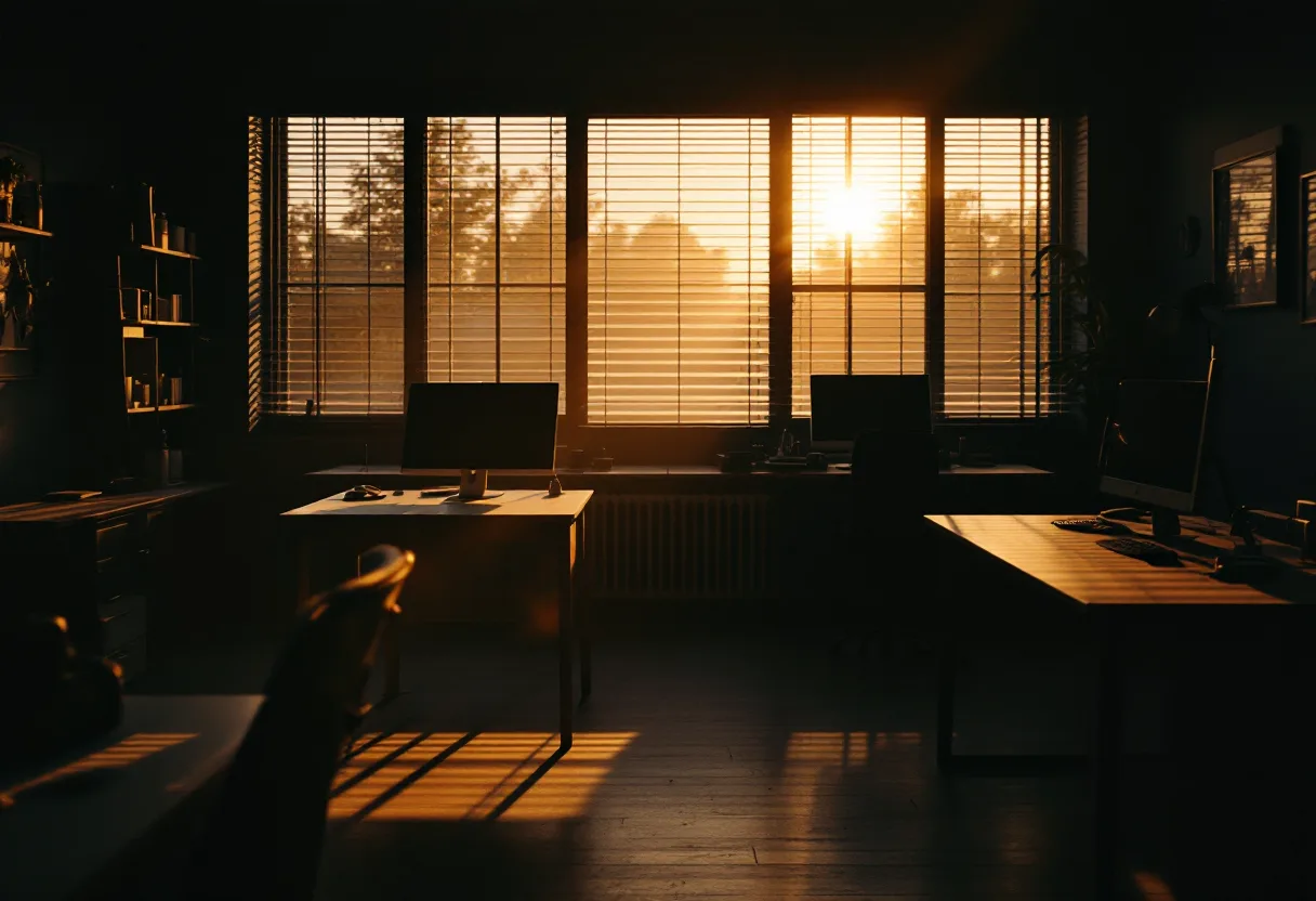 Golden-hour light falling across a quiet office interior with desks and warm shadows